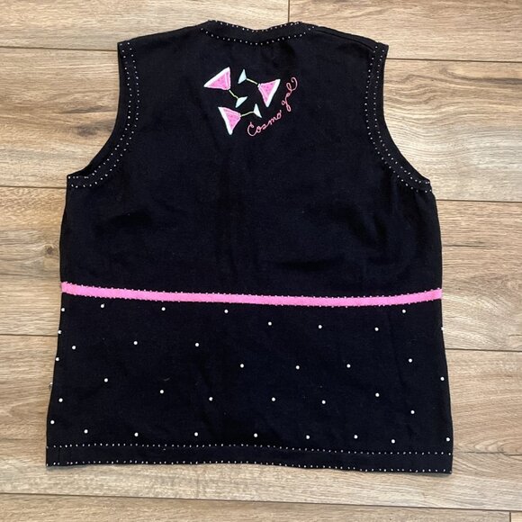 Berek Cosmo Cocktail Sweater Vest SZ Small Button Up Black Pink Martini y2k Vtg - Picture 10 of 10